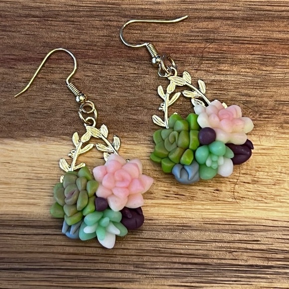 Succulent Cluster Dangle Earrings - Picture 1 of 7